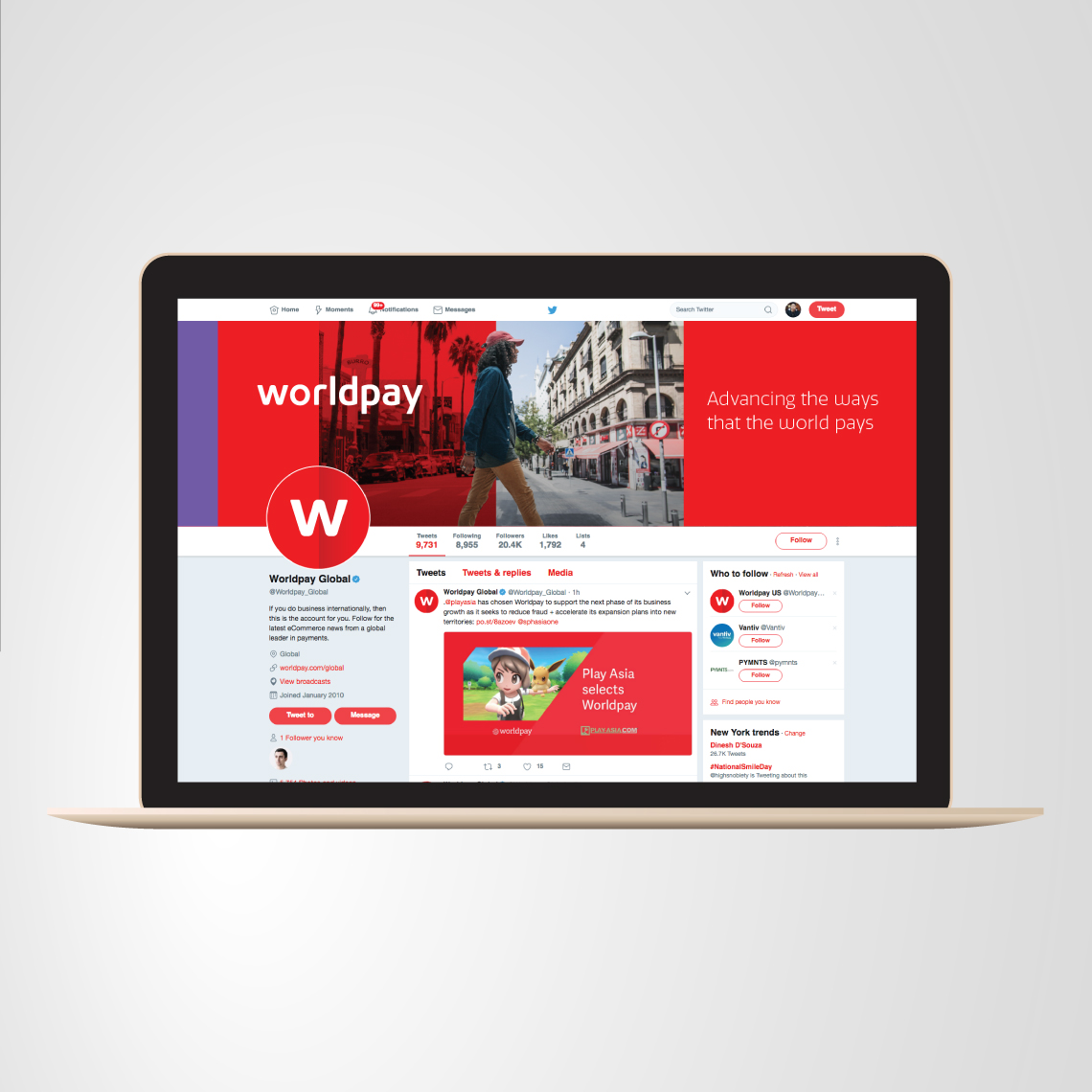 Example of the design identity developed for Worldpay applied to a social media page
