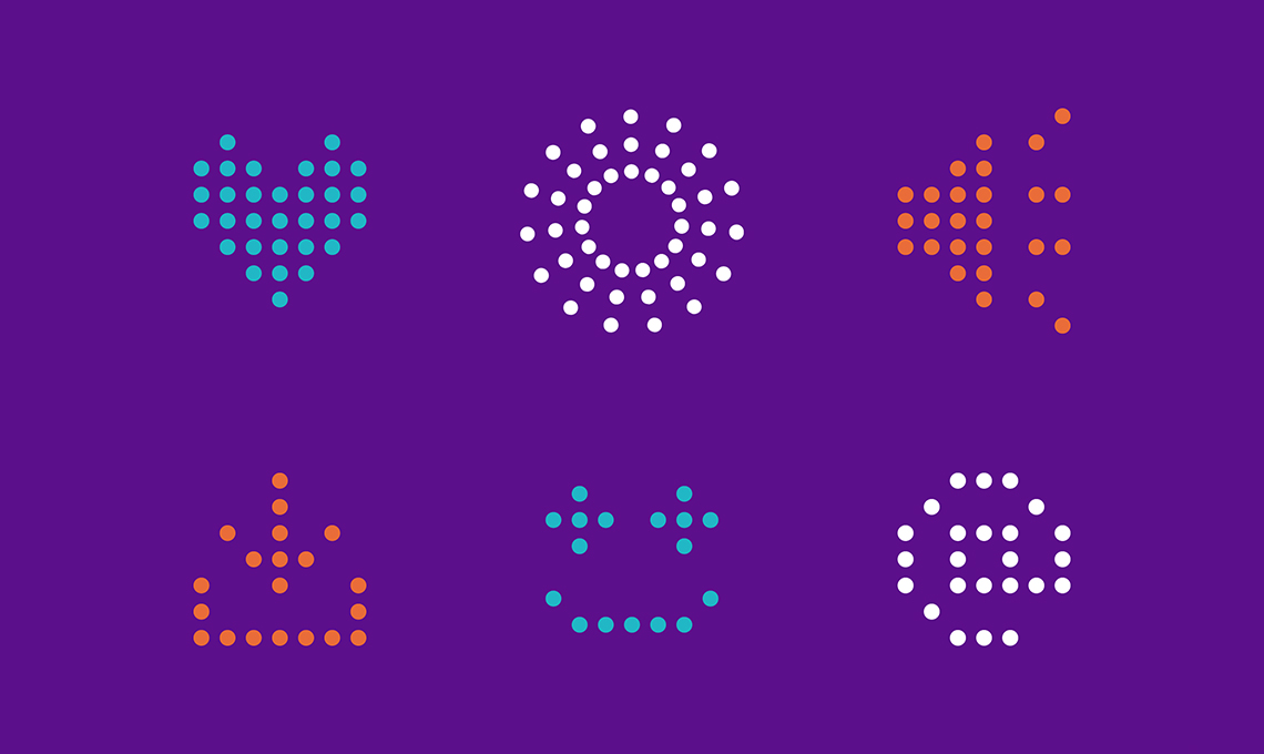 A set of colorful dots on a purple background.