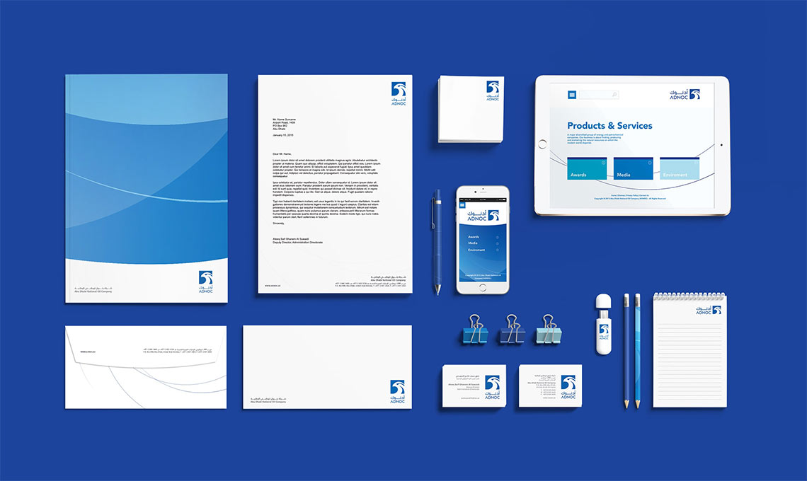 Examples of brand identity develop for ADNOC including brochure, letterhead, notepads, folders, business cards swag items and webpages