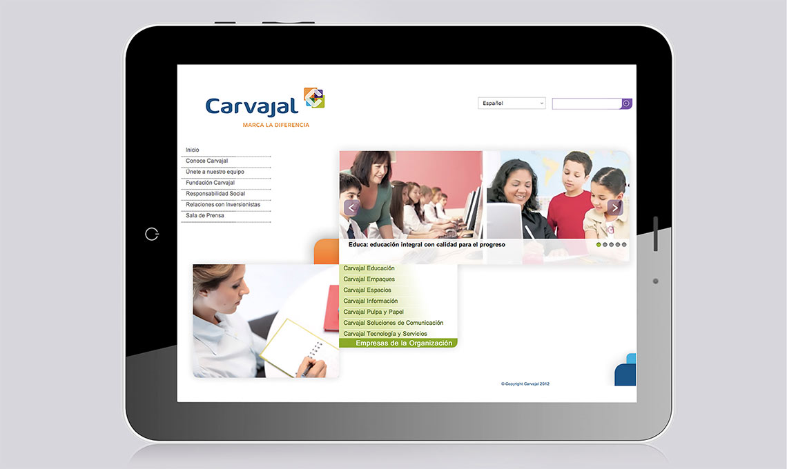 A tablet showcasing the corporate branding of carga.