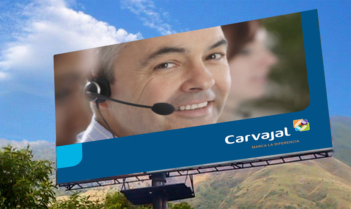 A corporate branding billboard featuring a man wearing a headset.