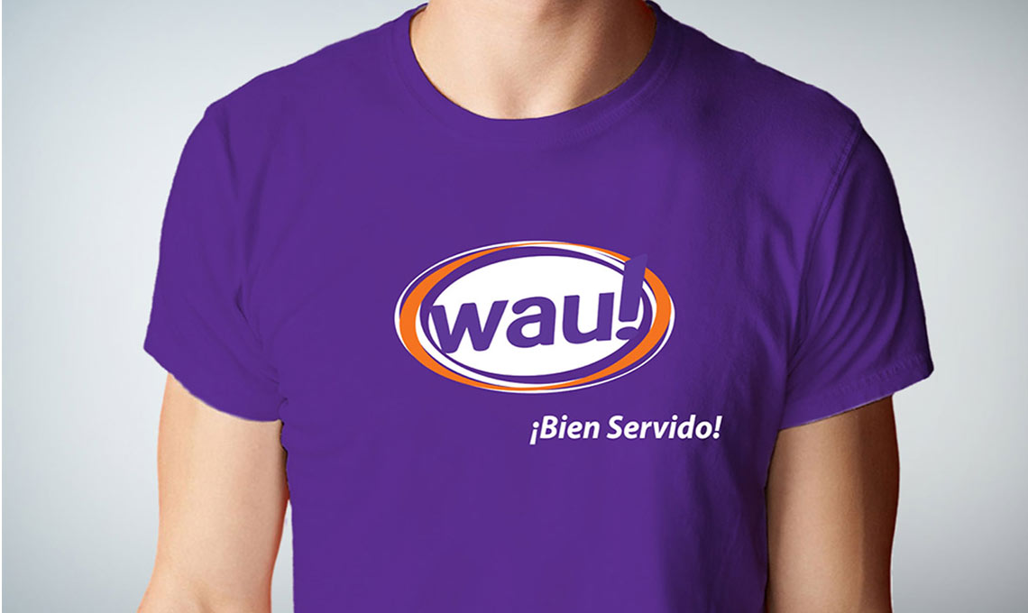 A man wearing a purple t-shirt with the word wayy on it, exclaiming "WAU!