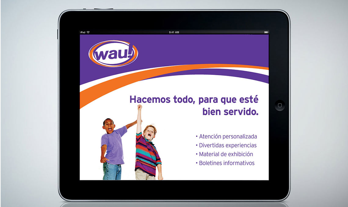 A WAU! iPad featuring a picture of a boy and a girl.