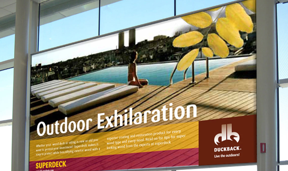 An advertisement for Duckback outdoor exhalation in a building.