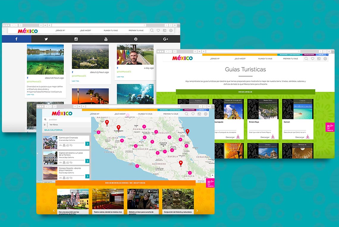 Example of three web pages developed for Consejo de Promoción Turística de México