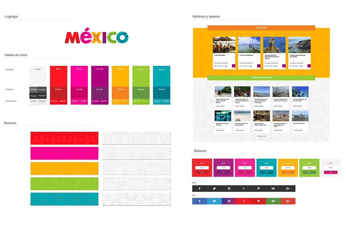 examples of the design system developed for Mexico applied to a series of pieces such as logo, color palette, textures, and other UI elements