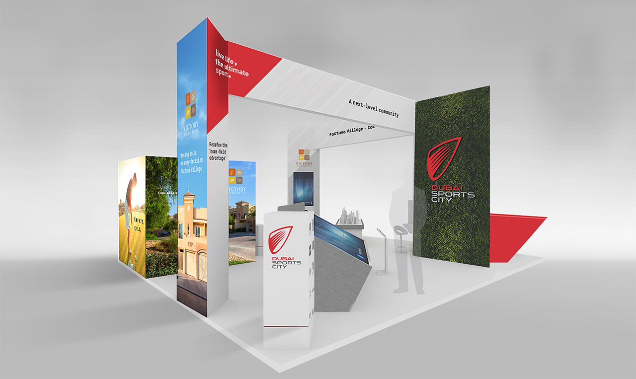 A trade show booth with a red and white design showcasing the Home-field Advantage.