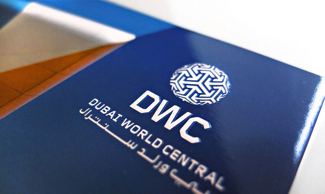 A blue box with the word dwc on it used for marketing materials.