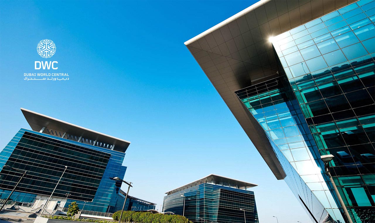 Dwc's new headquarters in Dubai, United Arab Emirates with marketing materials.