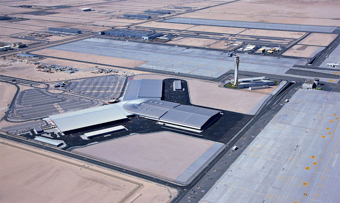 An aerial view of a desert airport.