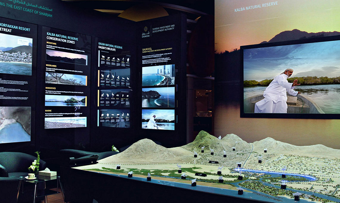 Exhibition design featuring a wall-mounted model city