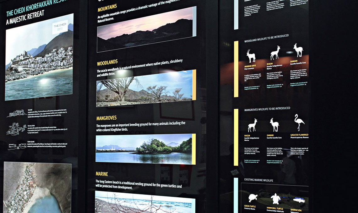 A museum exhibition design featuring information displayed on a wall.