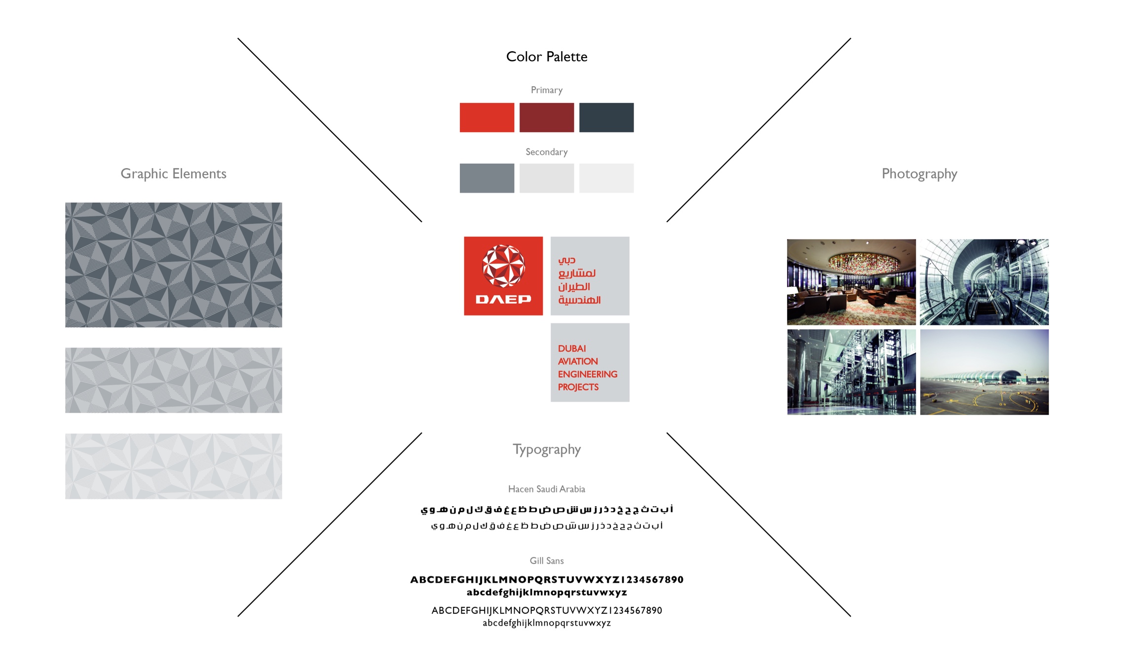 examples of the design system developed for the new DAEP brand applied to a series of pieces such as logo, color palette, photograph, typography and graphic elements