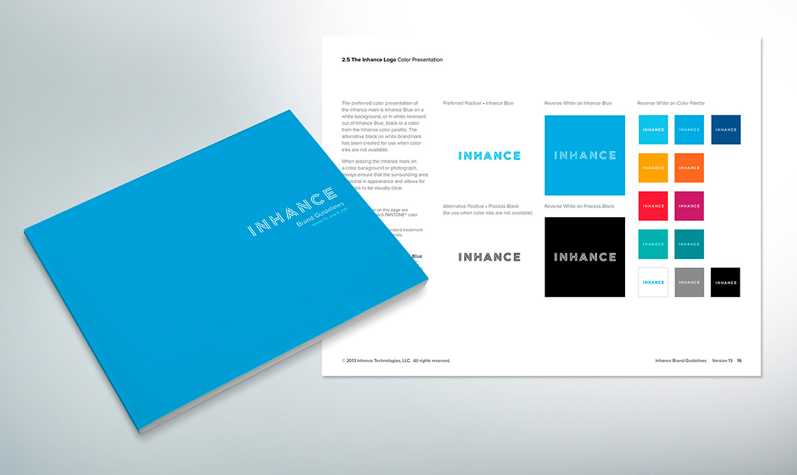 A blue and white brochure with a logo on it showcasing corporate branding.