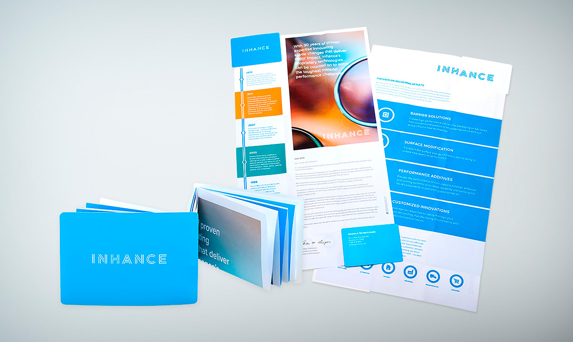 A corporate branding brochure with a blue cover.
