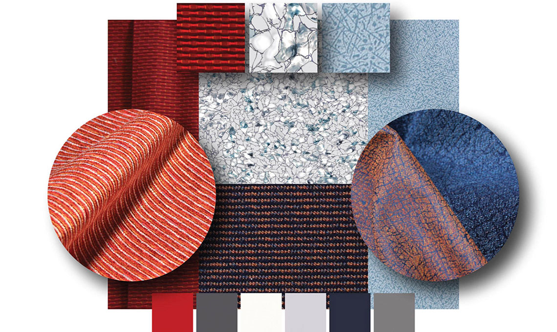 A collection of fabrics in red, blue, and orange.