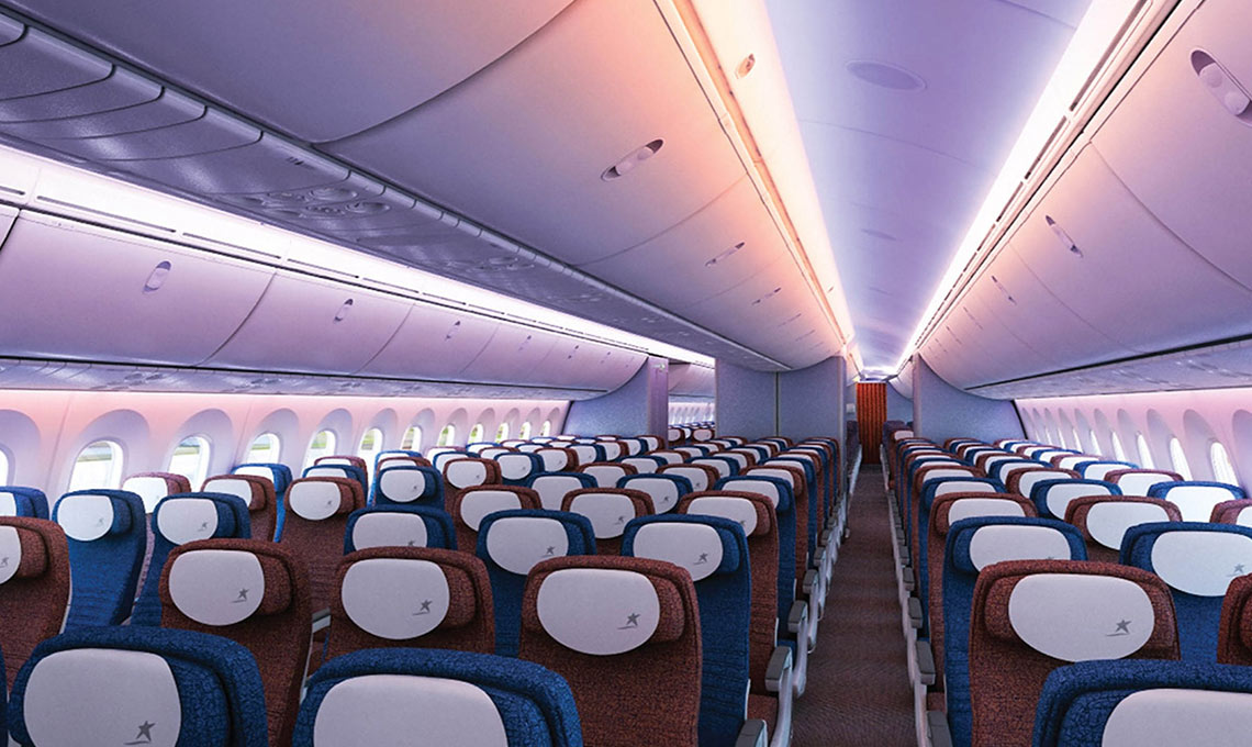 The interior of an airplane with rows of seats.
