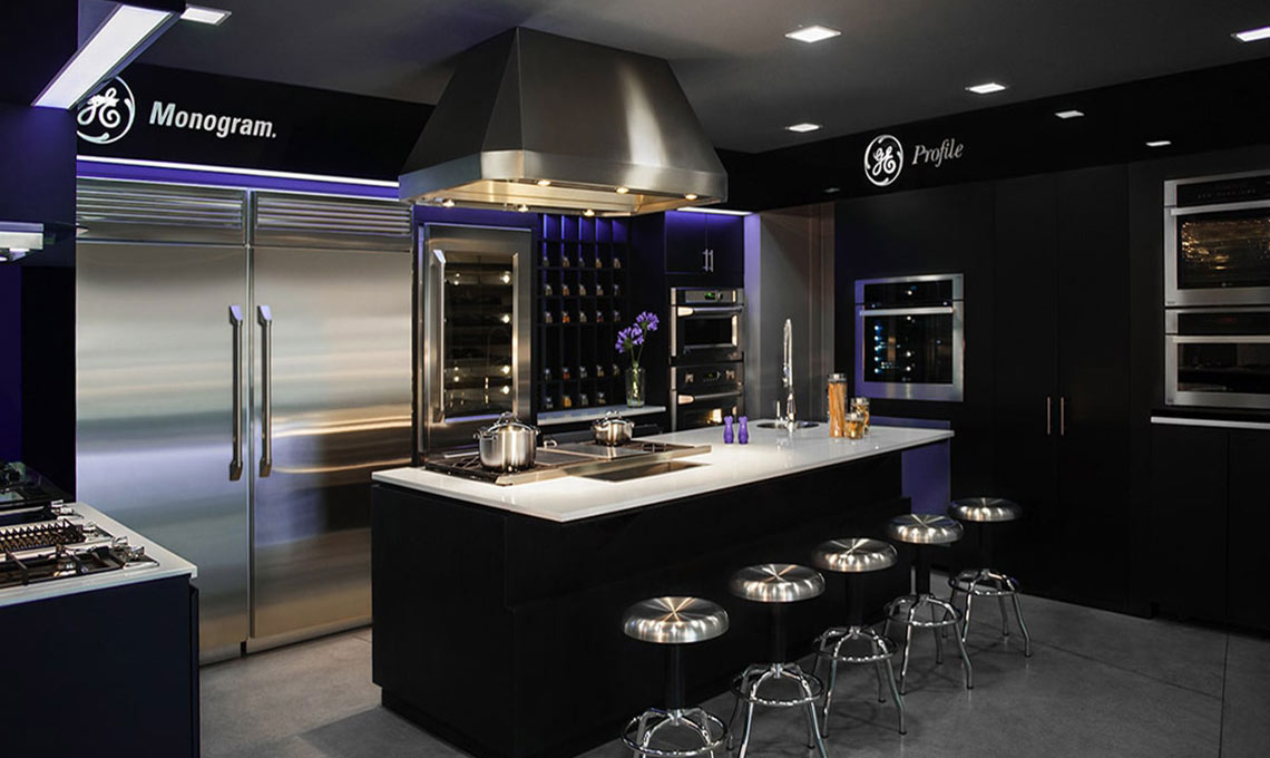 Showroom designed by MBLM displaying different kitchen appliances.