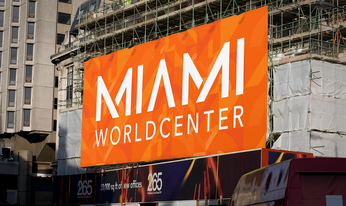The Miami Worldcenter sign provides a bold sense of place on the side of a building.