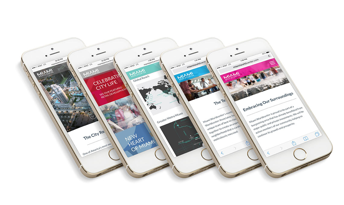 A group of iPhones displaying a website for a new urban destination.