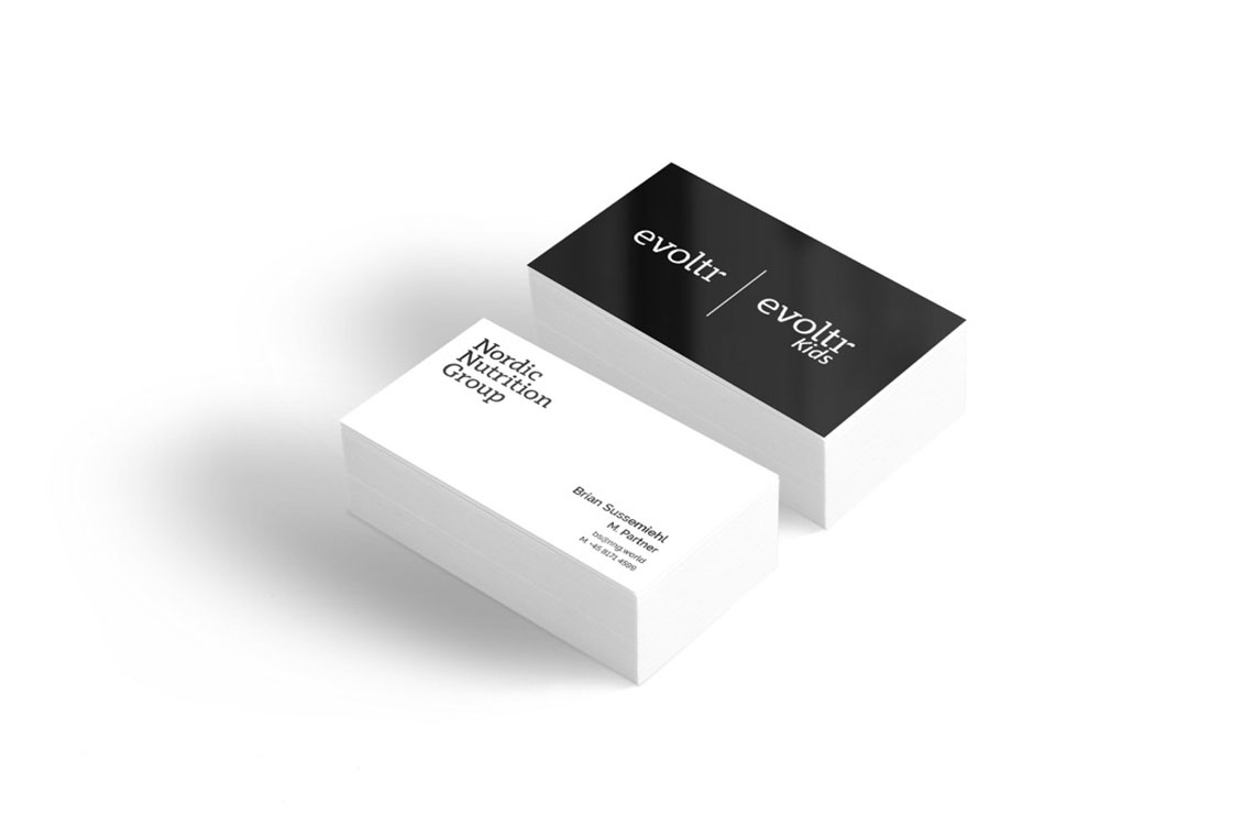 Examples of the business cards developed for evoltr and the Nordic Nutrition Group