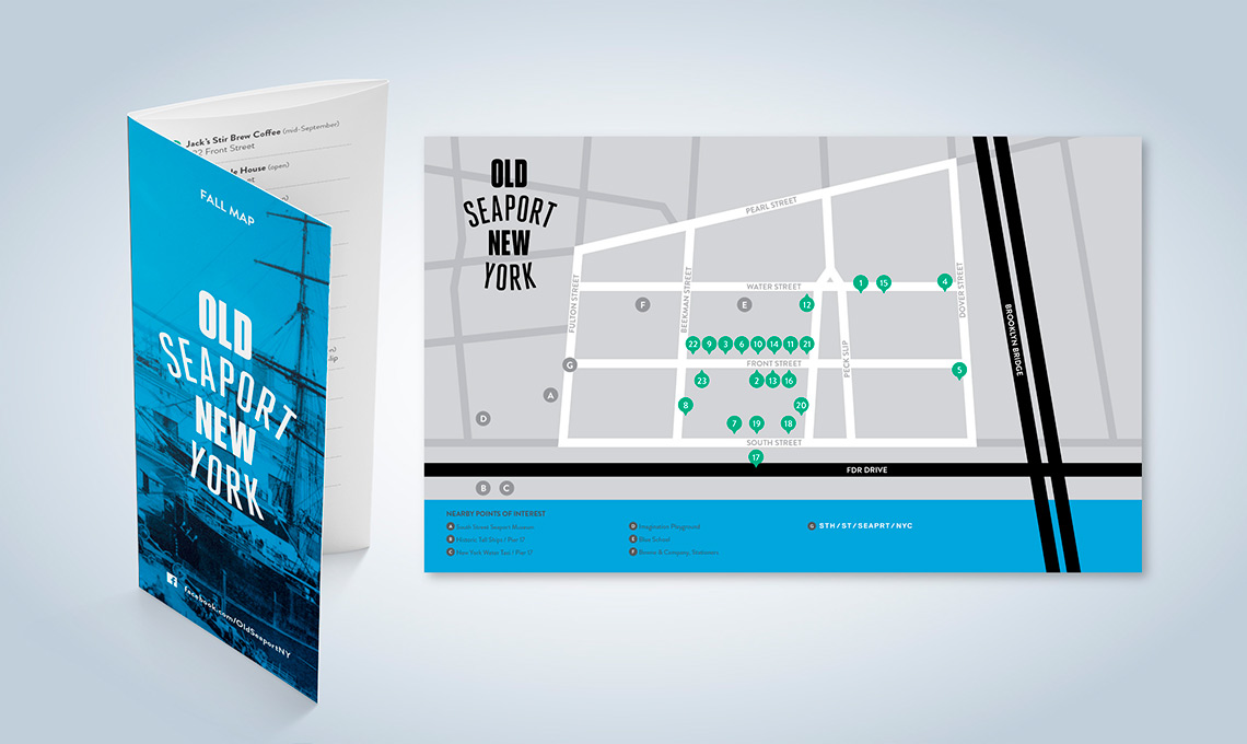 A blue and white brochure with a map of Old Seaport.