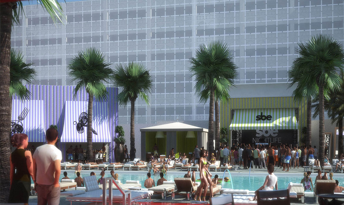 An artist's rendering of a swimming pool and palm trees for an Investor Video.