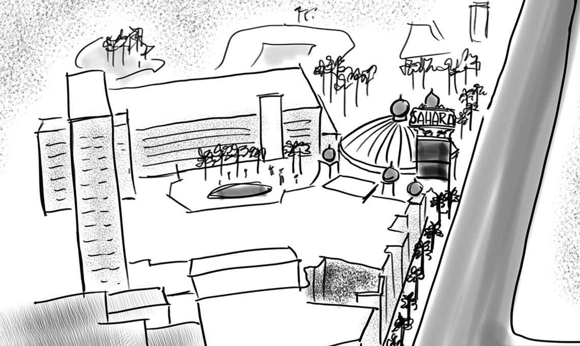 A black and white drawing of a city from the top of a building showcased in an investor video.