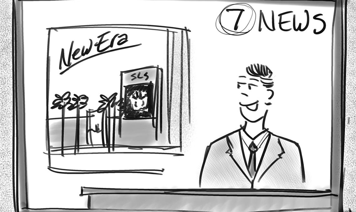A cartoon of a man standing in front of a investor station.