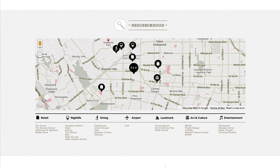 A web page displaying a map of SLS Hotels.