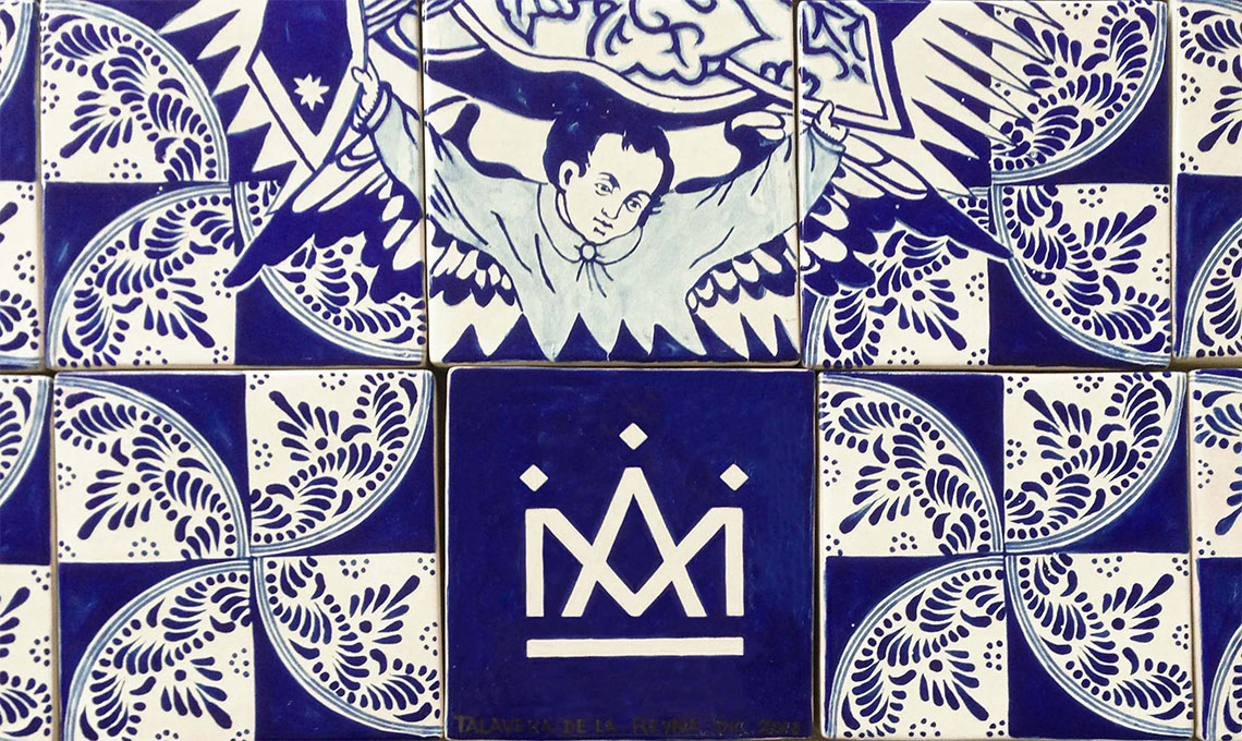 A blue and white tile fusing royal tradition.