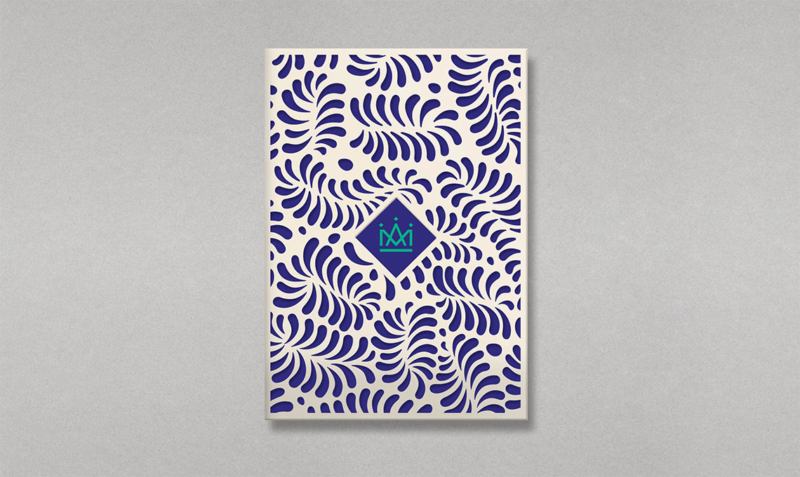 A royal blue and white design on a crisp white background.