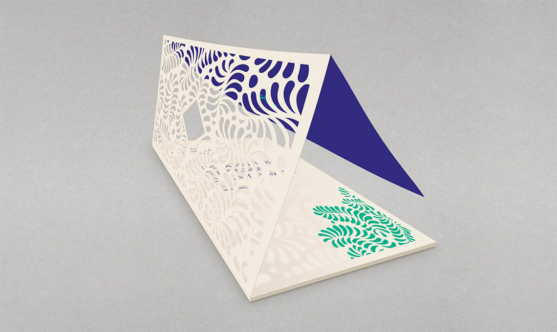 A folded card with a blue and white pattern, fusing royal tradition.