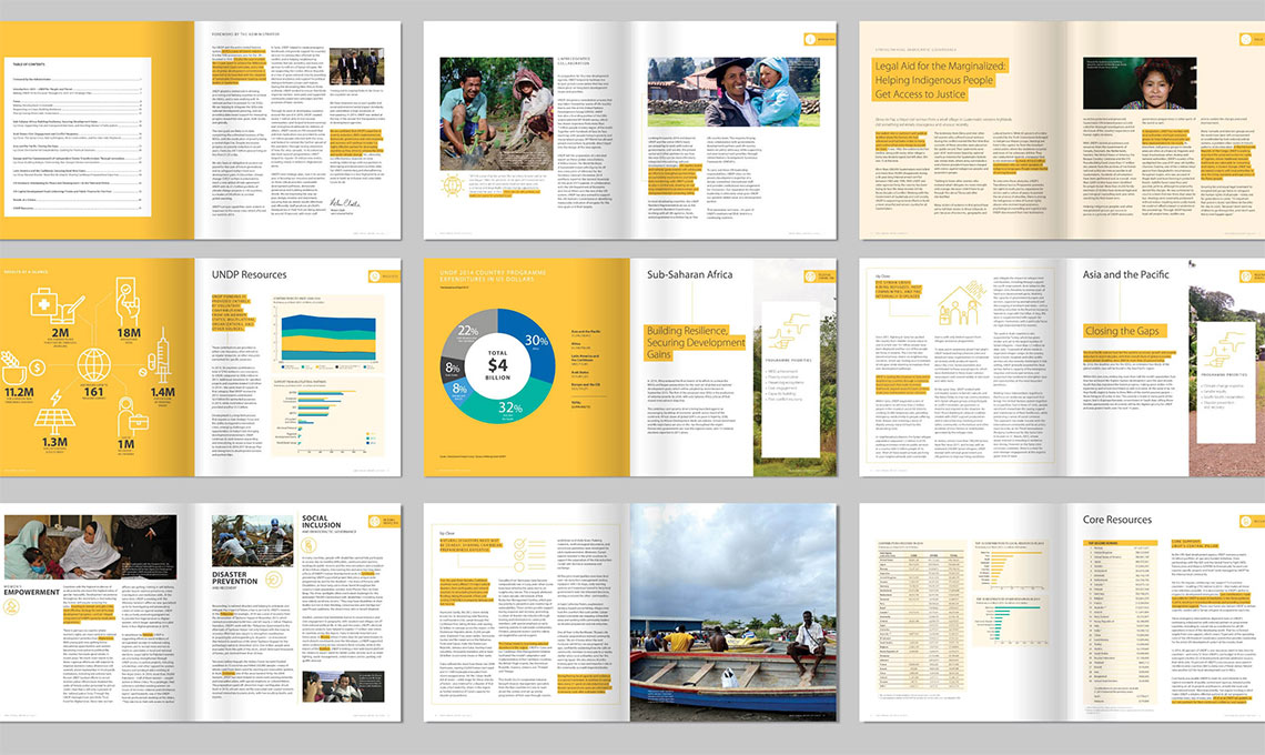A yellow and white brochure with a lot of information on the United Nations Development Programme.
