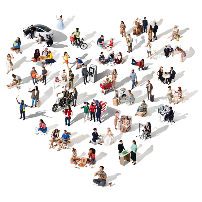 A diverse group of people engaged in various activities, arranged in the shape of a heart on a white background, visually conveys the sense of connection and togetherness often explored in a brand intimacy study.