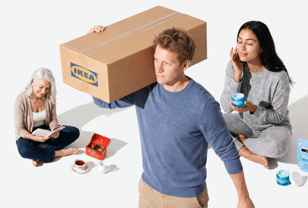 A man carries an IKEA box on his shoulder. Nearby, an older woman reads a book and a young woman applies face cream, both seated on the floor with tea and skincare products—capturing small moments of connection that could inspire any brand intimacy study.