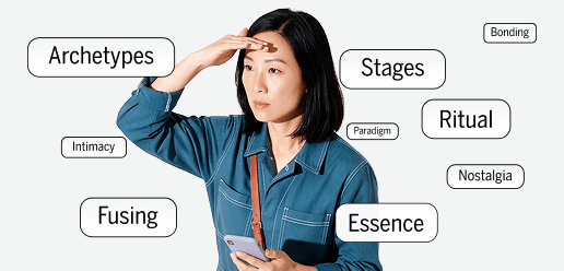 A woman holding a phone looks ahead with her hand shading her eyes; words like “Archetypes,” “Stages,” and “Ritual” float around her, evoking the insights of a brand intimacy study.
