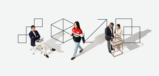 Four people interact in a minimal, white space with geometric cube outlines; one sits with a laptop immersed in a brand intimacy study, another walks thoughtfully, and two stand by a display case.