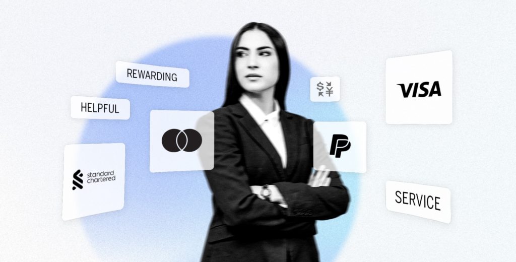 business woman is surrounded by financial services company logos and keywords