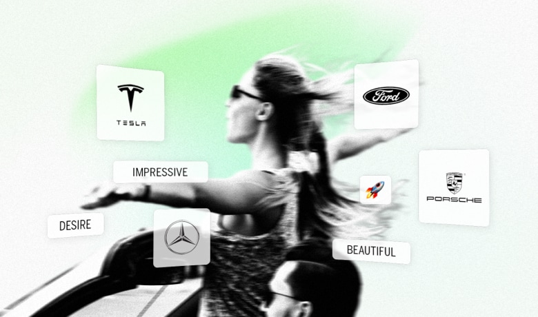 An image of a woman riding a car with many different logos.