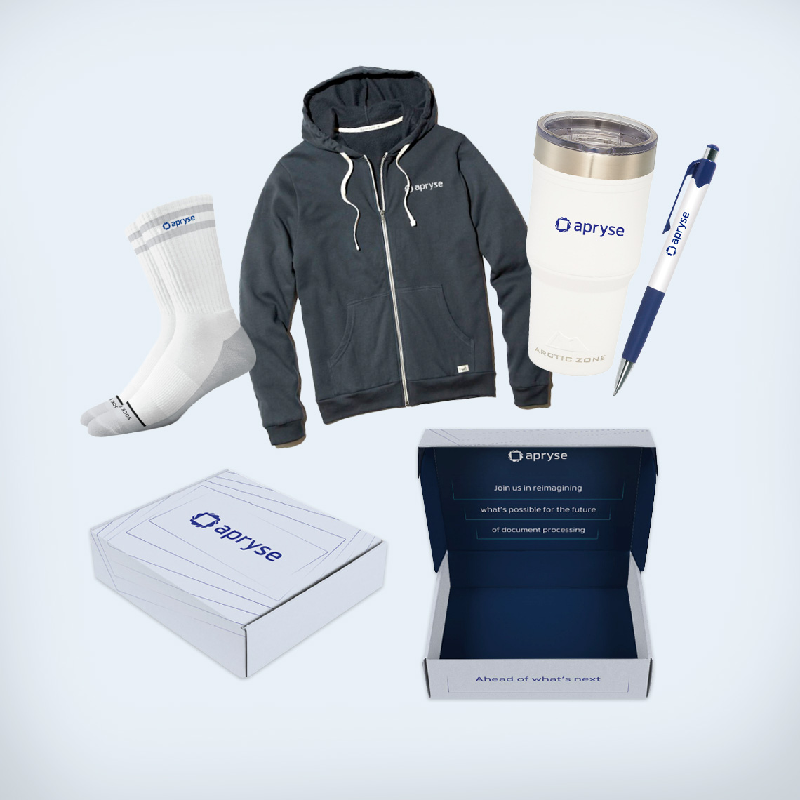 Marketing materials including swag items like socks, jacket, mugs, pens, and notepads designed for Apryse