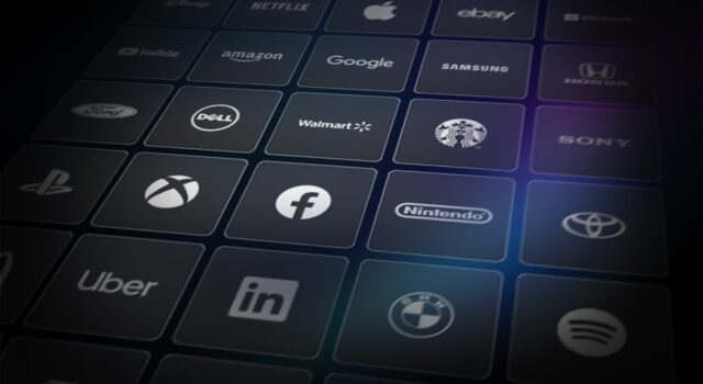 A grid of app icons displays logos of major companies, including Amazon, Google, Walmart, Starbucks, Facebook, Nintendo, Sony, Uber, LinkedIn, and Spotify.