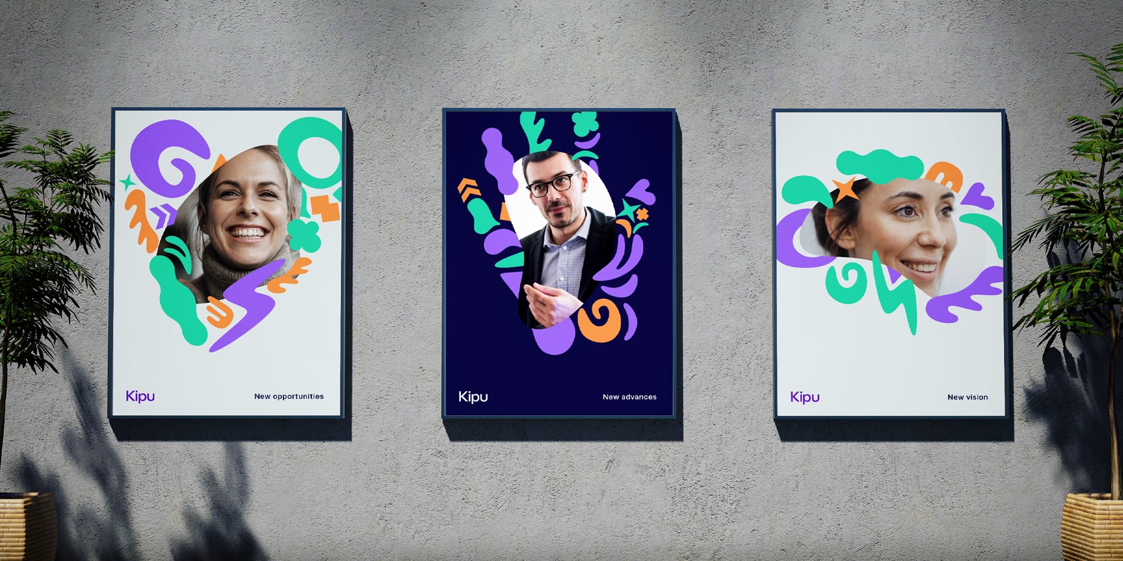 Examples of 3 vertical banners for Kipu showing how to apply the design system 