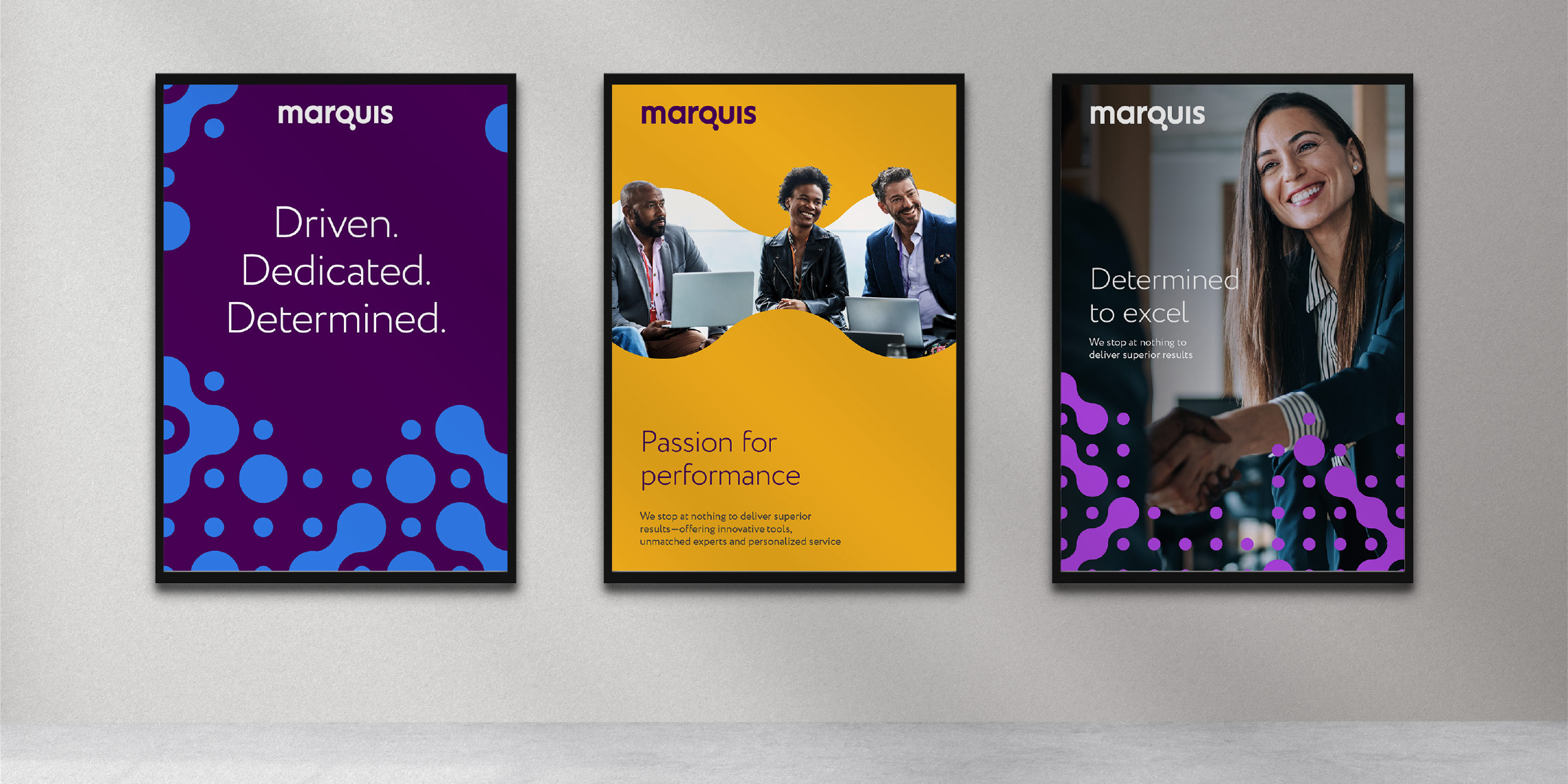 Examples of 3 vertical banners for Marquis showing how to apply the design system