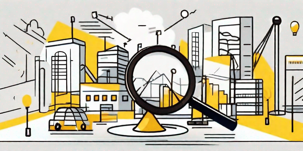 A magnifying glass focusing on a vibrant event scene with banners
