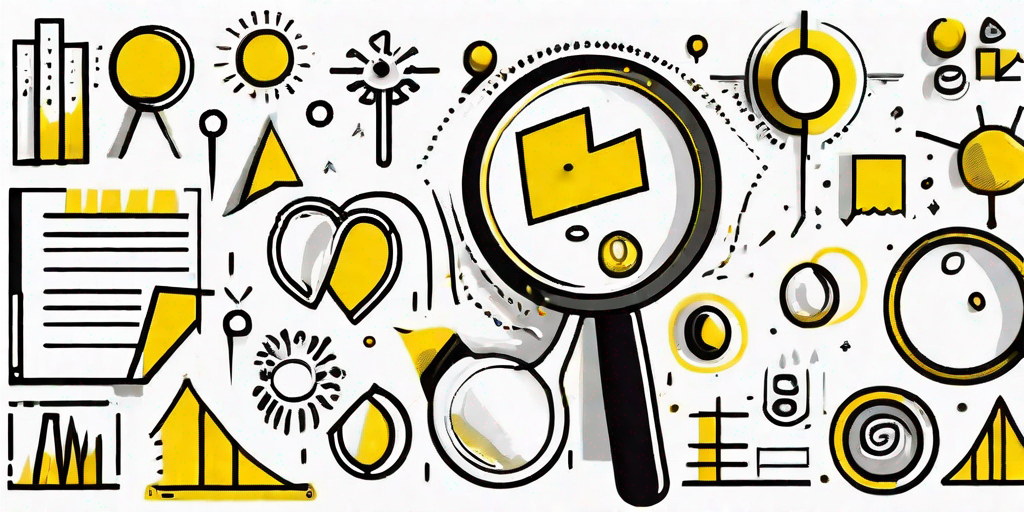 A magnifying glass hovering over a collection of abstract symbols