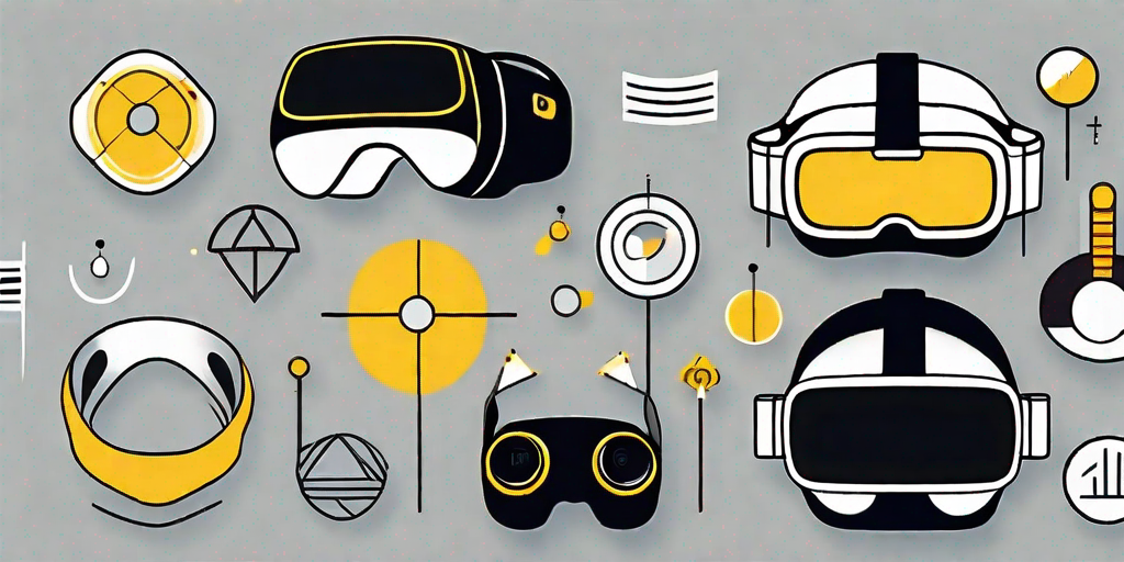 A virtual reality headset juxtaposed with various brand symbols