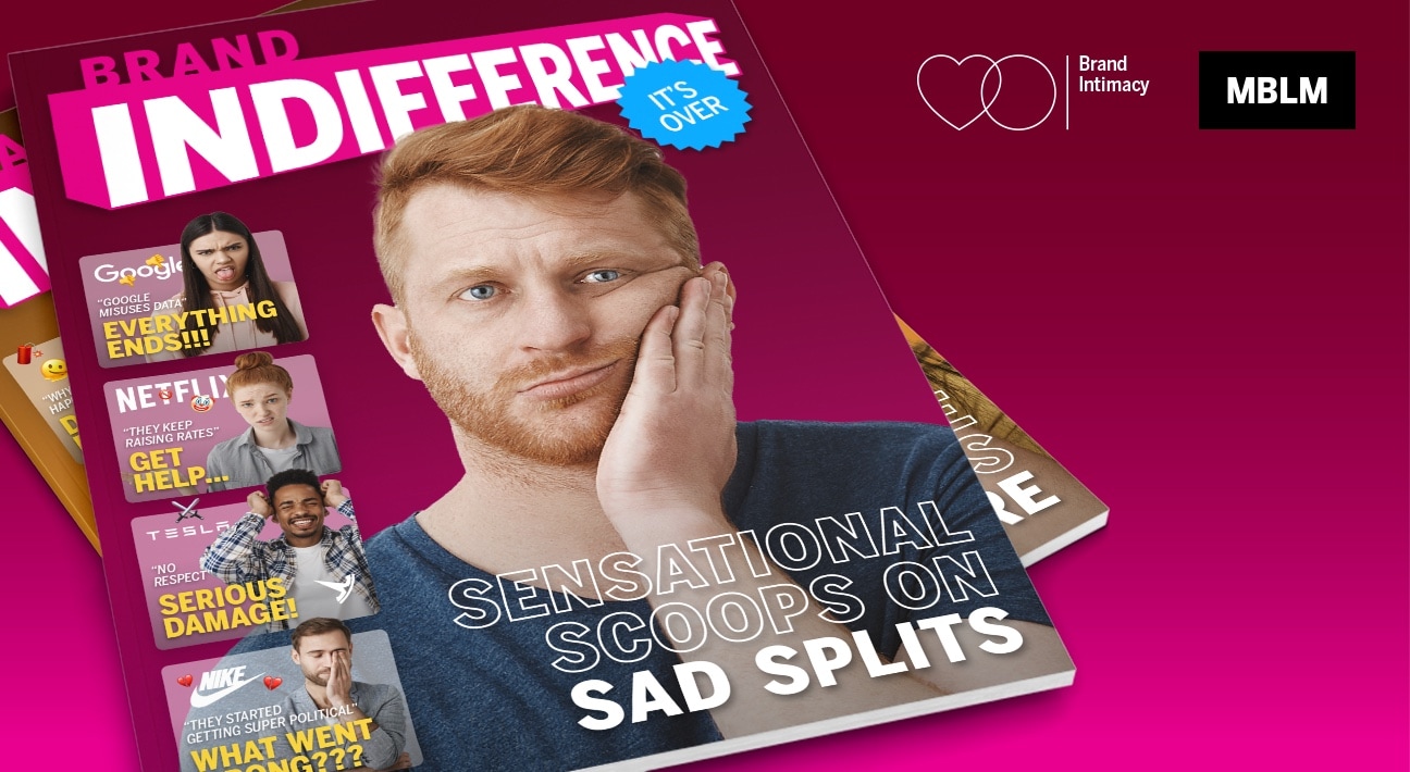 The cover of 'brand indifference' magazine with the headline 'Sensational scoops on sad splits'.