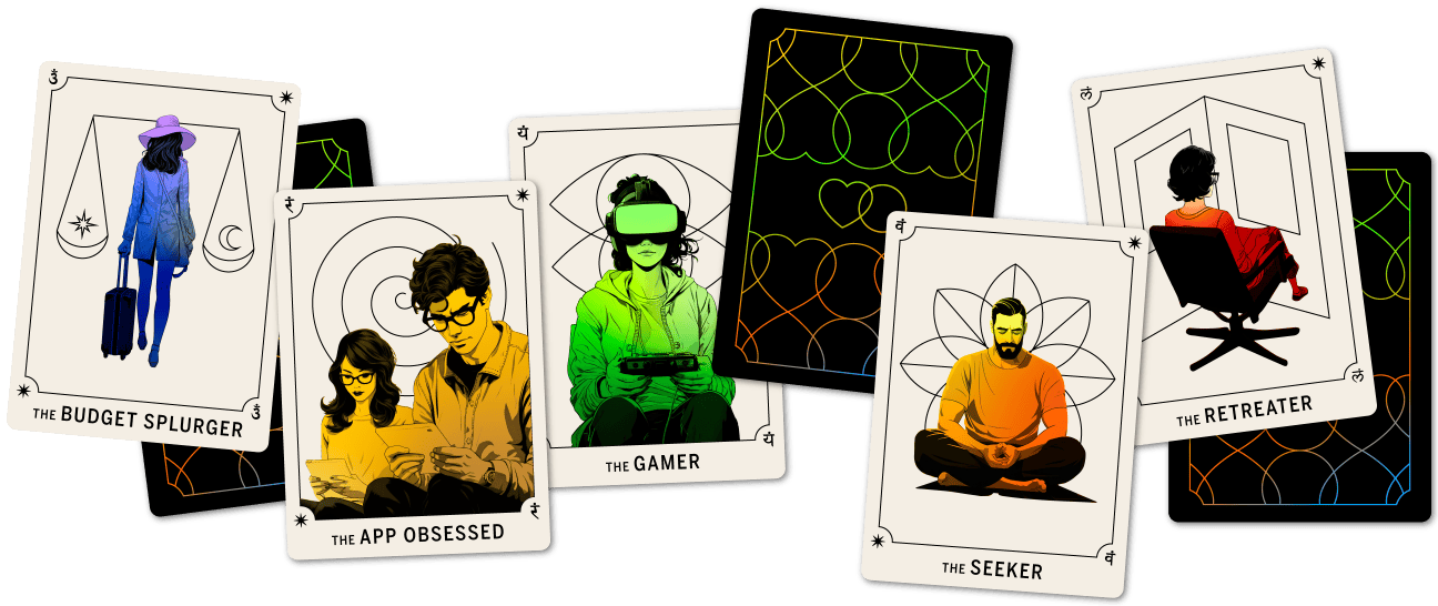 collage of look alike tarot cards: The Retreater, The App Obsessed, The Budget Splurger, The Gamer, The Seeker