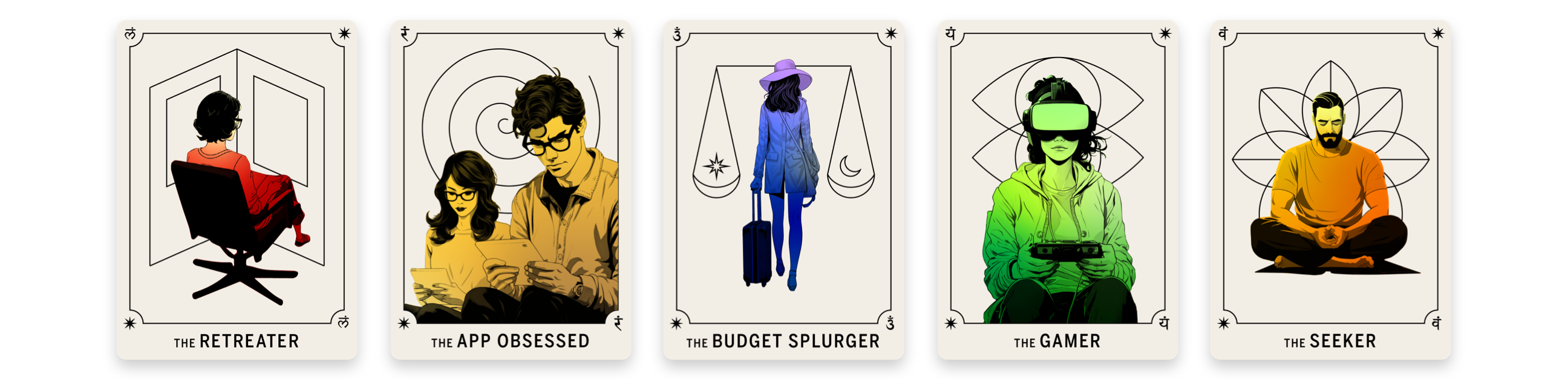look alike tarot cards: The Retreater, The App Obsessed, The Budget Splurger, The Gamer, The Seeker